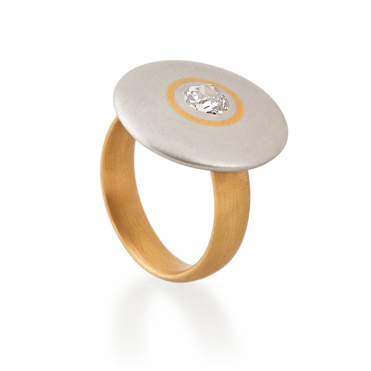 Cushion Cut Diamond Circle Disc Ring, Platinum & 22ct Gold