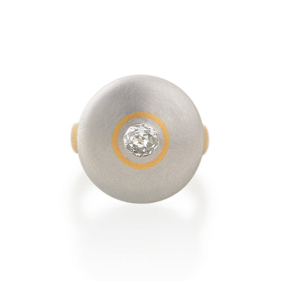Load image into Gallery viewer, Cushion Cut Diamond Circle Disc Ring, Platinum &amp;amp; 22ct Gold
